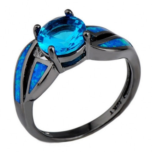 Band Black Gold Filled - Antique Claw Rings Ocean Blue Fire Opal Stone Aquamarine Sapphire Jewelry